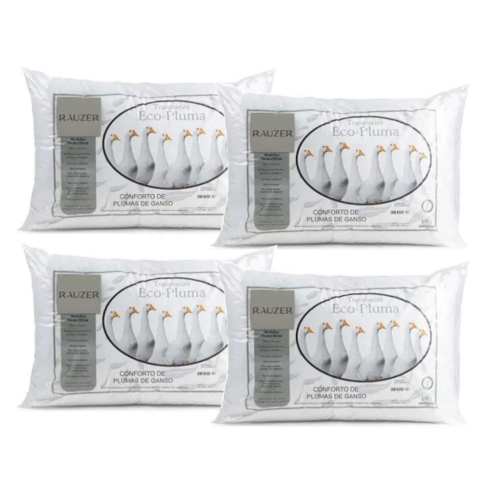 Kit 4 Travesseiros Pluma Ganso Macio Confortável Antiacaro 70X50CM Tradicional Médio Branco