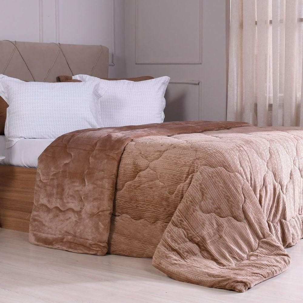 Edredom Plush Sense Solteiro 100% Poliéster Reversível Bege Liso Sólido