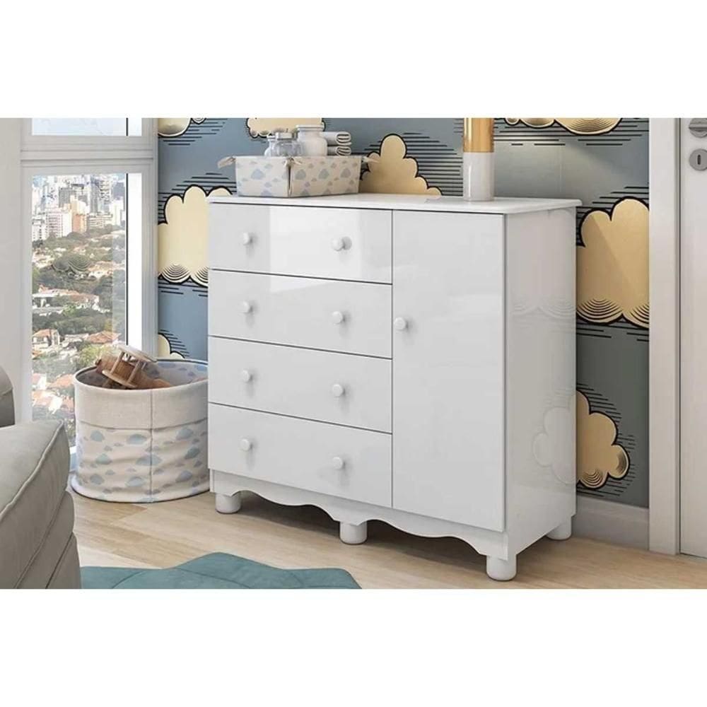Cômoda Infantil Junior 4 Gavetas MDF com Corrediças Telescópicas Branco