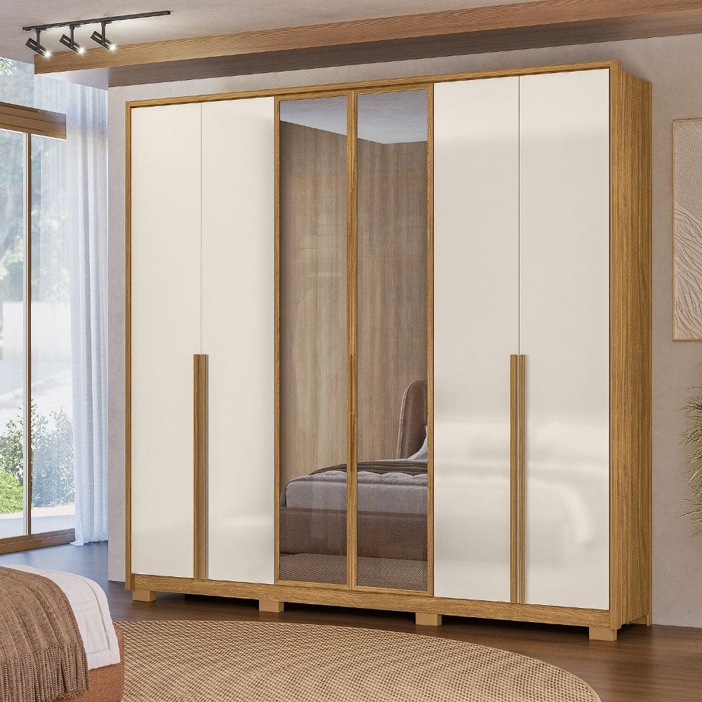 Guarda Roupa Roupeiro Atacama 06 Portas 04 Gavetas Vidro Reflecta Freijó Off White Moval