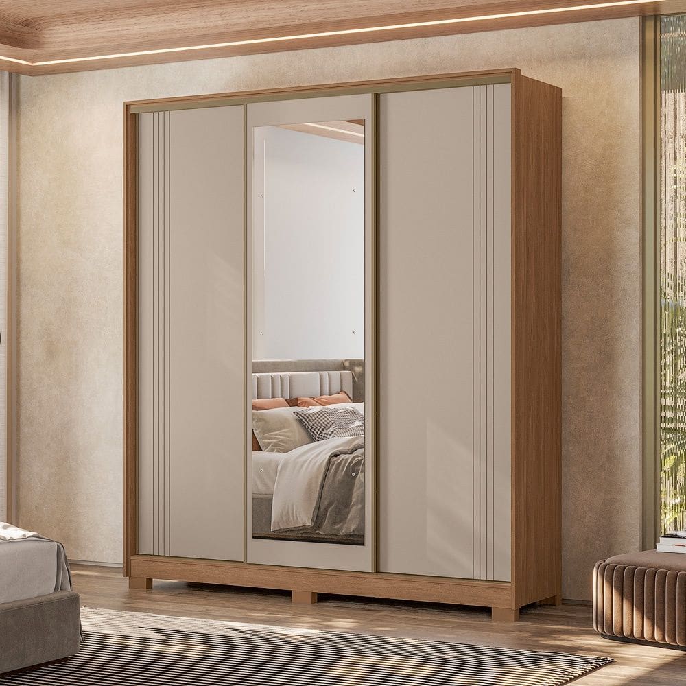 Guarda Roupa Roupeiro Dallas 03 Portas 04 Gavetas com Espelho Carvalho Fendy Moval