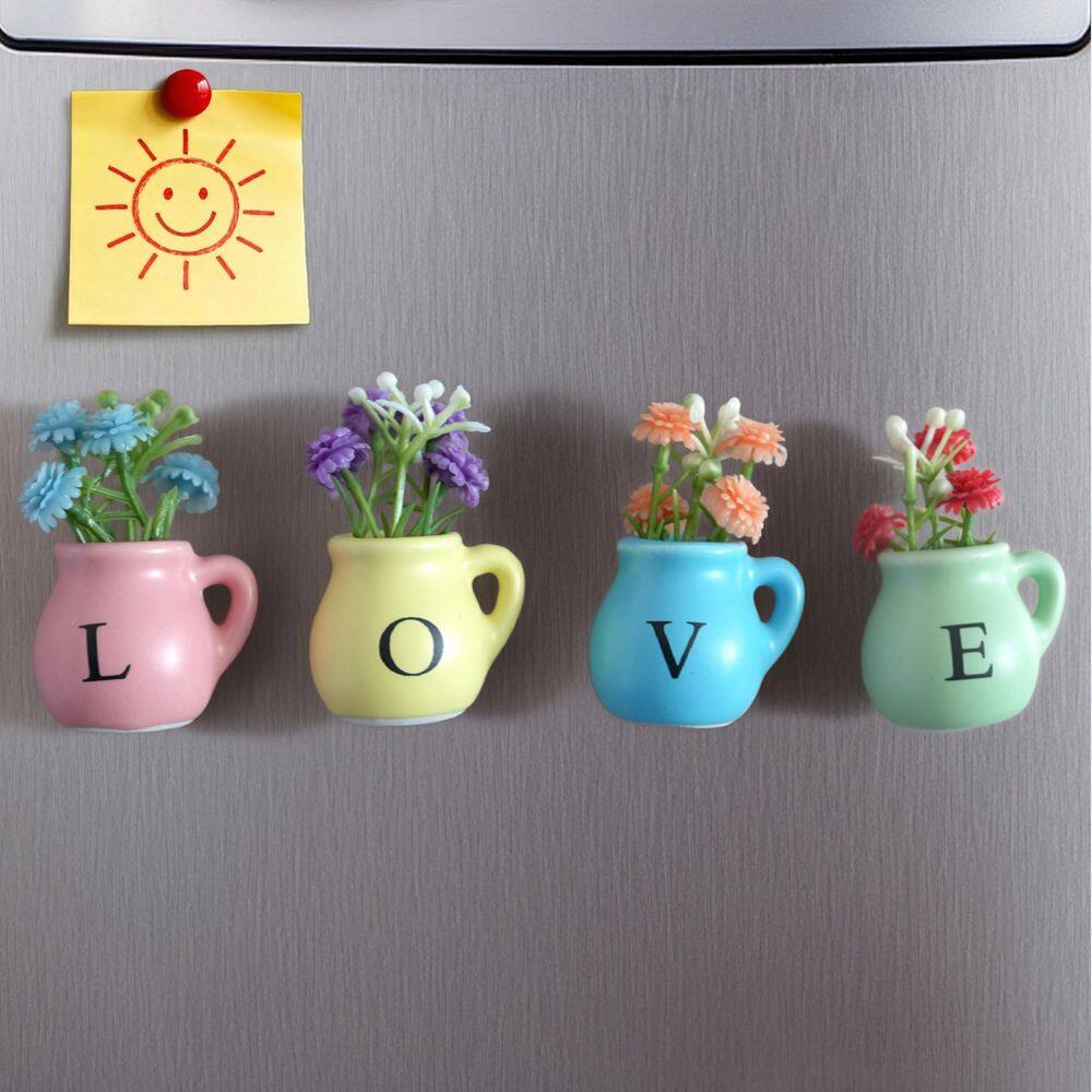 Vaso com ímãs DUNGGLE LOVE Mini Ceramic com flores artificiais x4