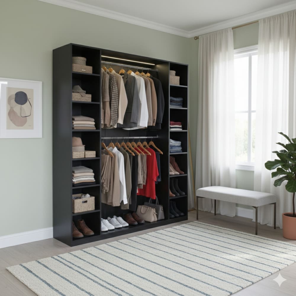 Estante Armário Colmeia com 02 Cabideiros + 14 Nichos Expositor Organizador Closet Guarda Roupas Cor Preto