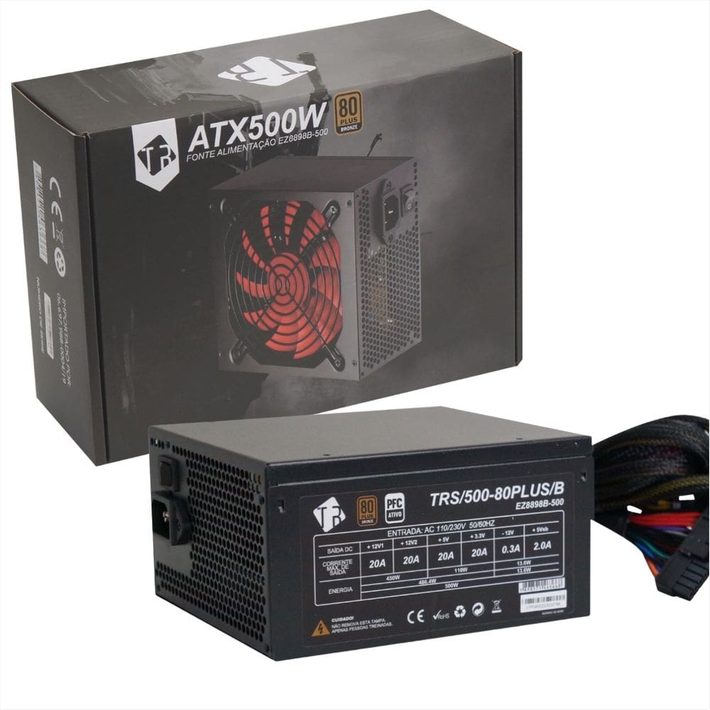 Fonte 500W Tronos TRS/500-80PLUS/B - ATX - PFC Ativo - 80 Plus Bronze - EZ8898B-500 - Bivolt Automático