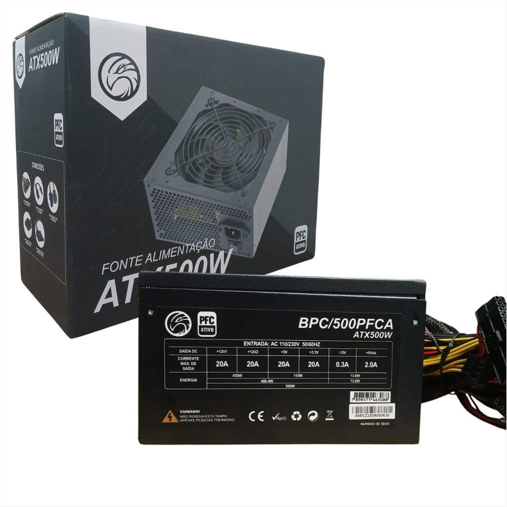 Fonte 500W Brazil PC BPC/500PFCA - ATX - PFC Ativo - Preto - Bivolt Automático