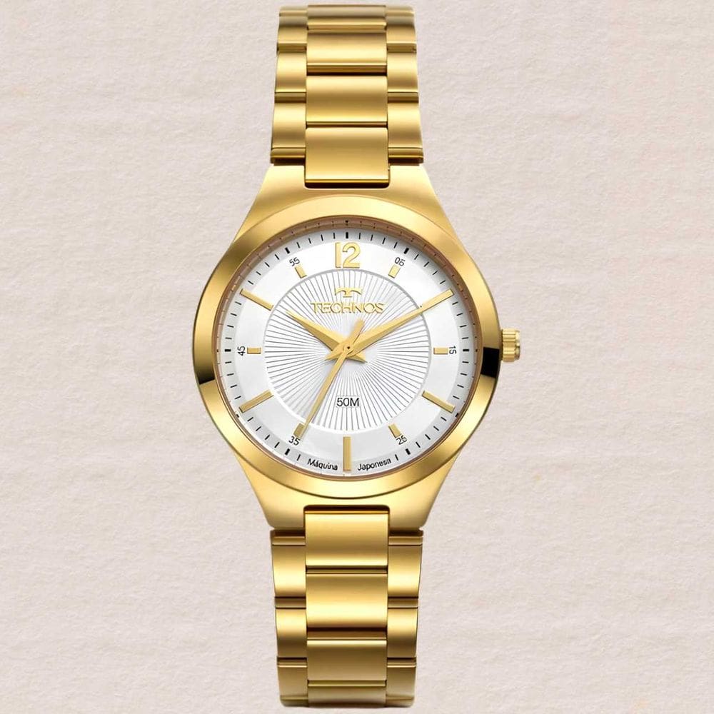 Relógio Technos Feminino Dourado Analógico Aço Inox Resistente Água 5 ATM Elegante Social 30mm Mostrador Pérola 2035NFF/1K