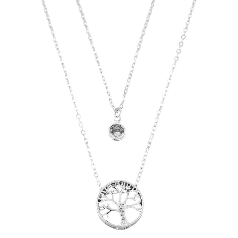 Colar Feminino Duplo Folheado a Prata Árvore da Vida e Ponto de Luz Prata