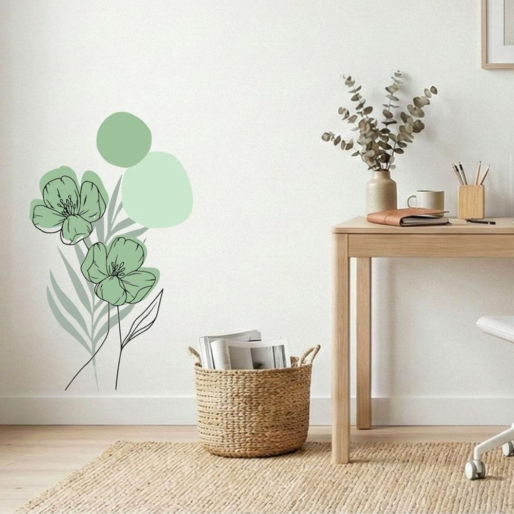 Adesivo Floral Boho Verde Estilo Nórdico 50x90 Minimalista Abstrato