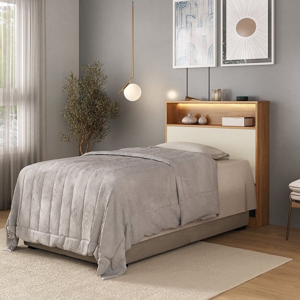 Cabeceira Solteiro com Nicho e Led 100% Mdf Aurora Carvalho Hanover/Argila