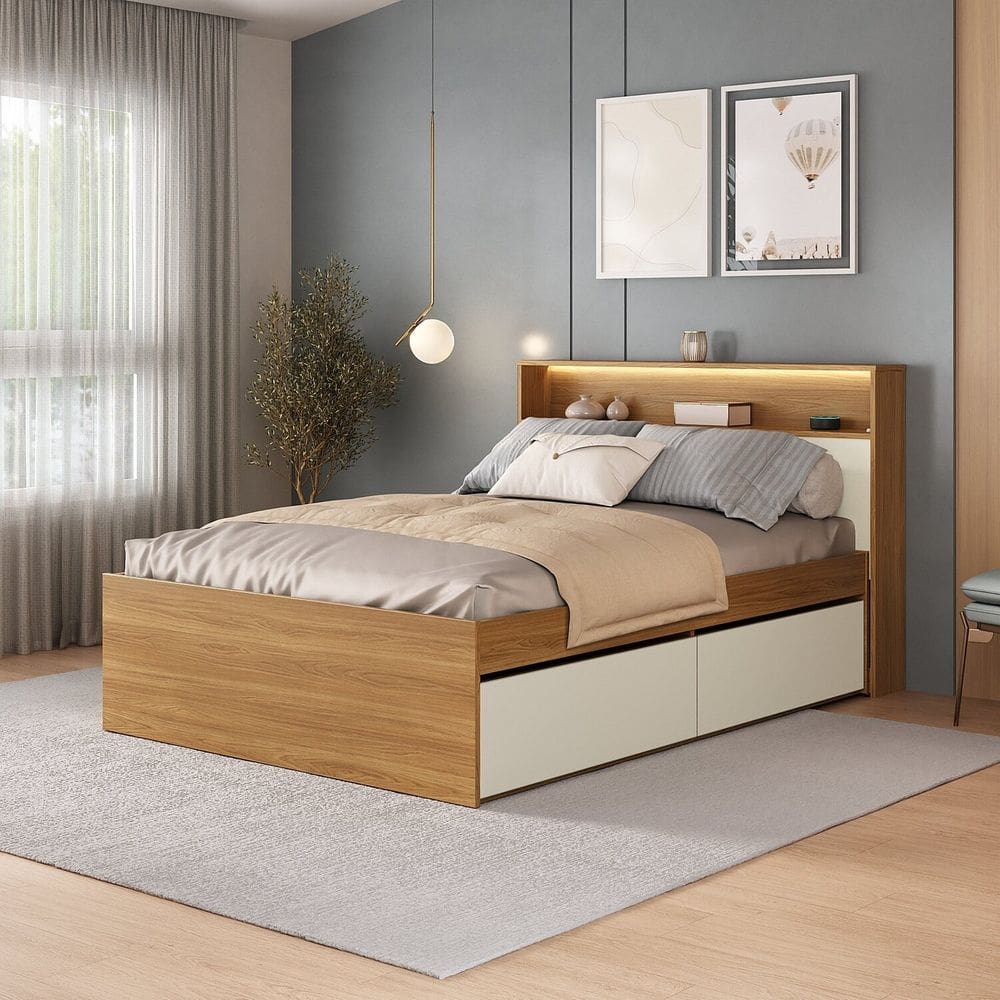 Cama Casal 4 Gavetas e Cabeceira Nicho com Led 100% Mdf Aurora Carvalho Hanover