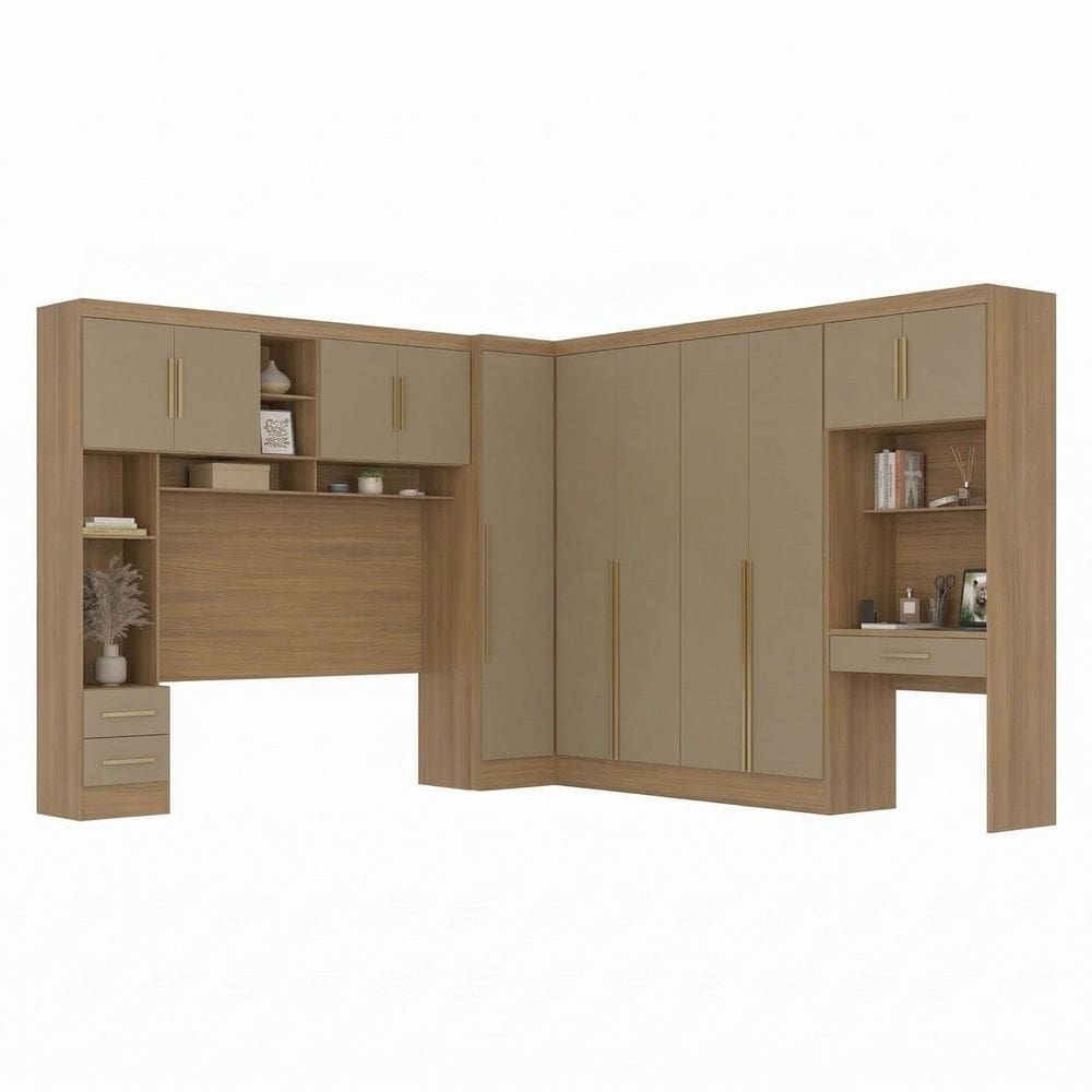 Guarda-roupa Modulado 4 Peças 11 Portas com Cabeceira até 158cm e Escrivaninha Cinamomo/Capuccino