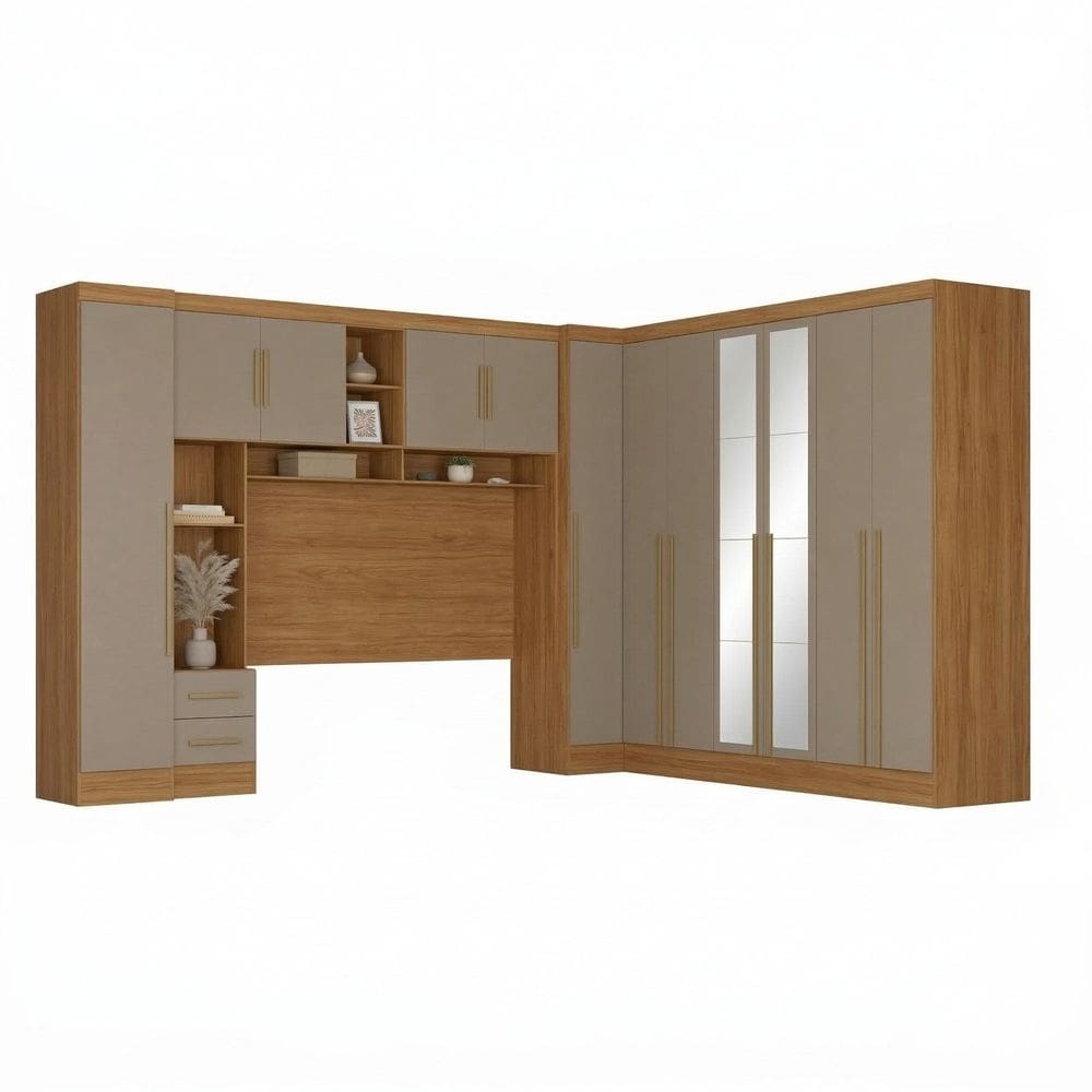 Guarda-roupa Modulado 4 Peças 12 Portas com Espelho e Cabeceira até 158cm Cinamomo/Capuccino