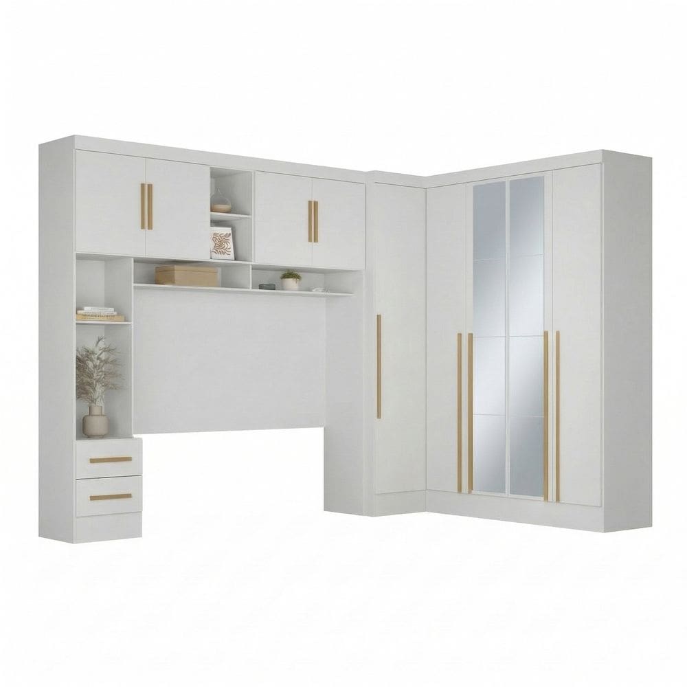 Guarda-roupa Modulado 4 Peças 9 Portas com Espelho e Cabeceira até 158cm Branco