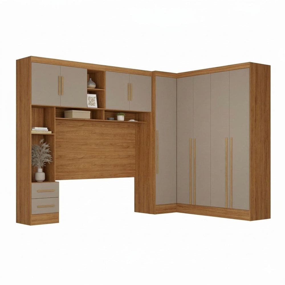 Guarda-roupa Modulado 4 Peças 9 Portas com Cabeceira até 158cm Cinamomo/Capuccino