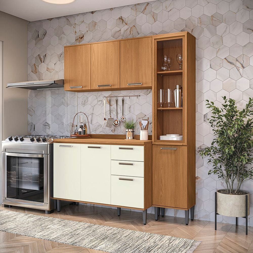 Cozinha Compacta 3 Peças com Cristaleira Linna Canela/Off White