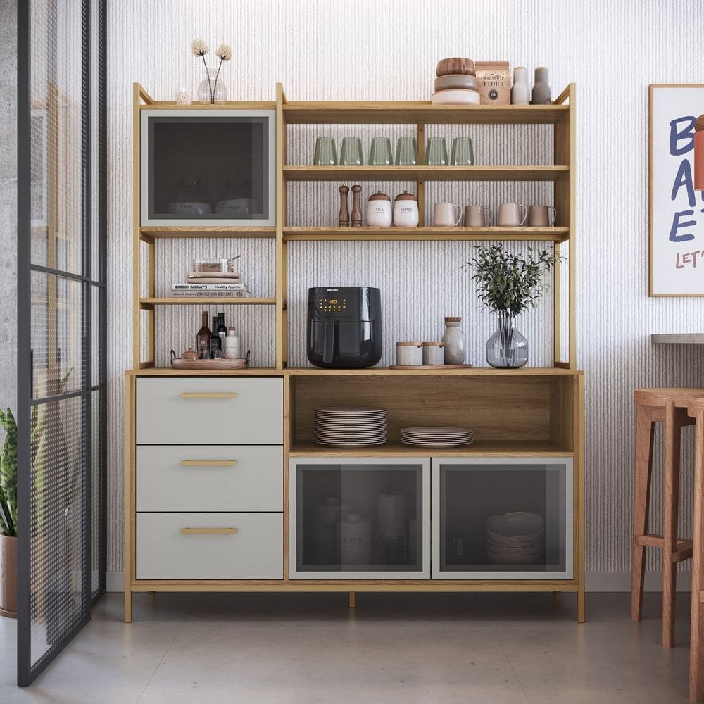 Cozinha Compacta com 3 Gavetas e 3 Portas de Vidro Oak/Arena/Dourado