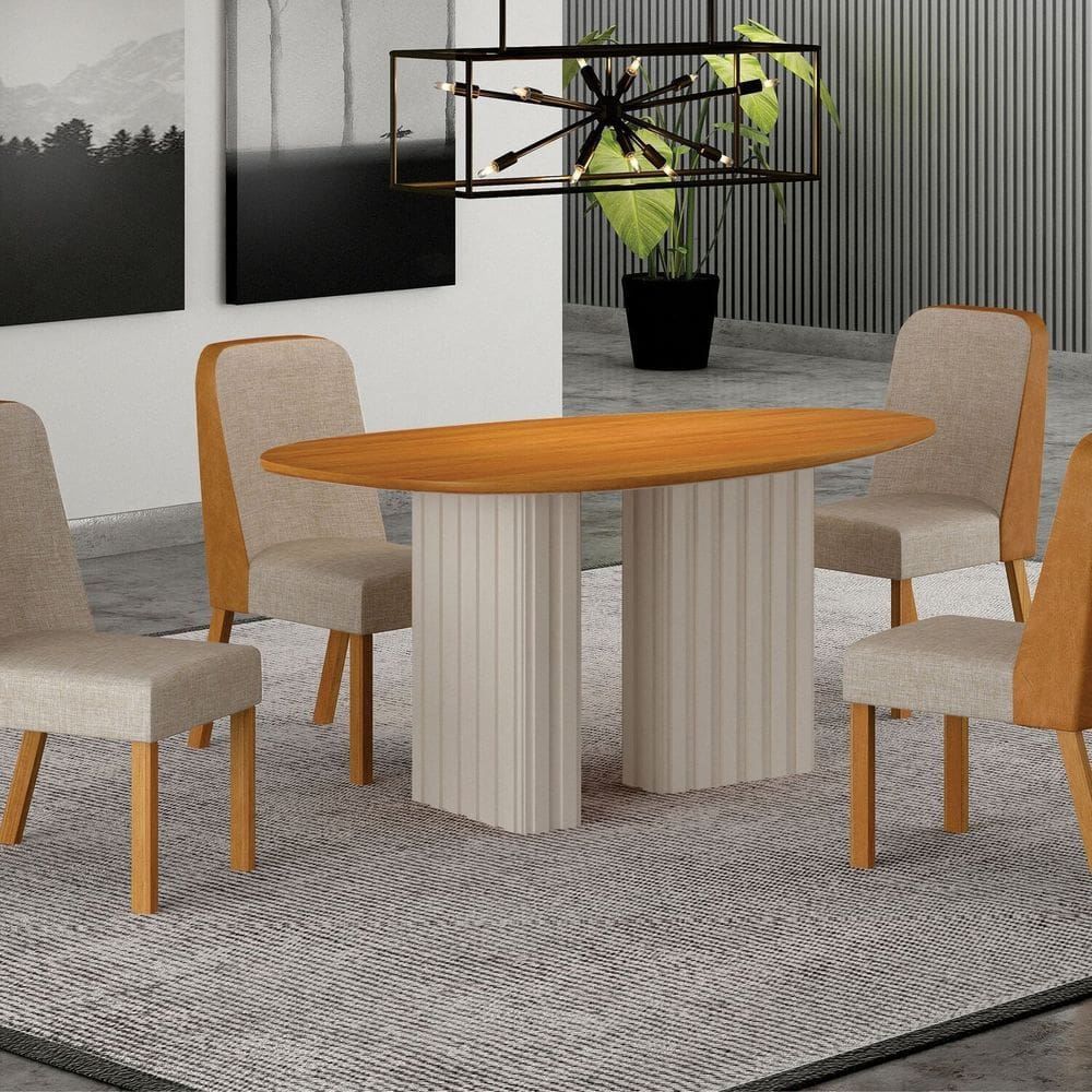 Conjunto Sala de Jantar Tampo Orgânico Mdf 135cm com 4 Cadeiras Isis Off White/Terracota palha