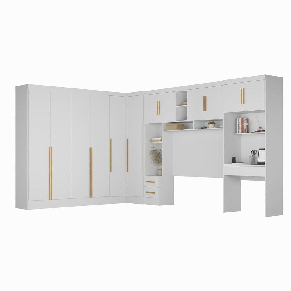 Guarda-roupa Modulado 5 Peças 12 Portas com Cabeceira até 158cm e Escrivaninha Branco