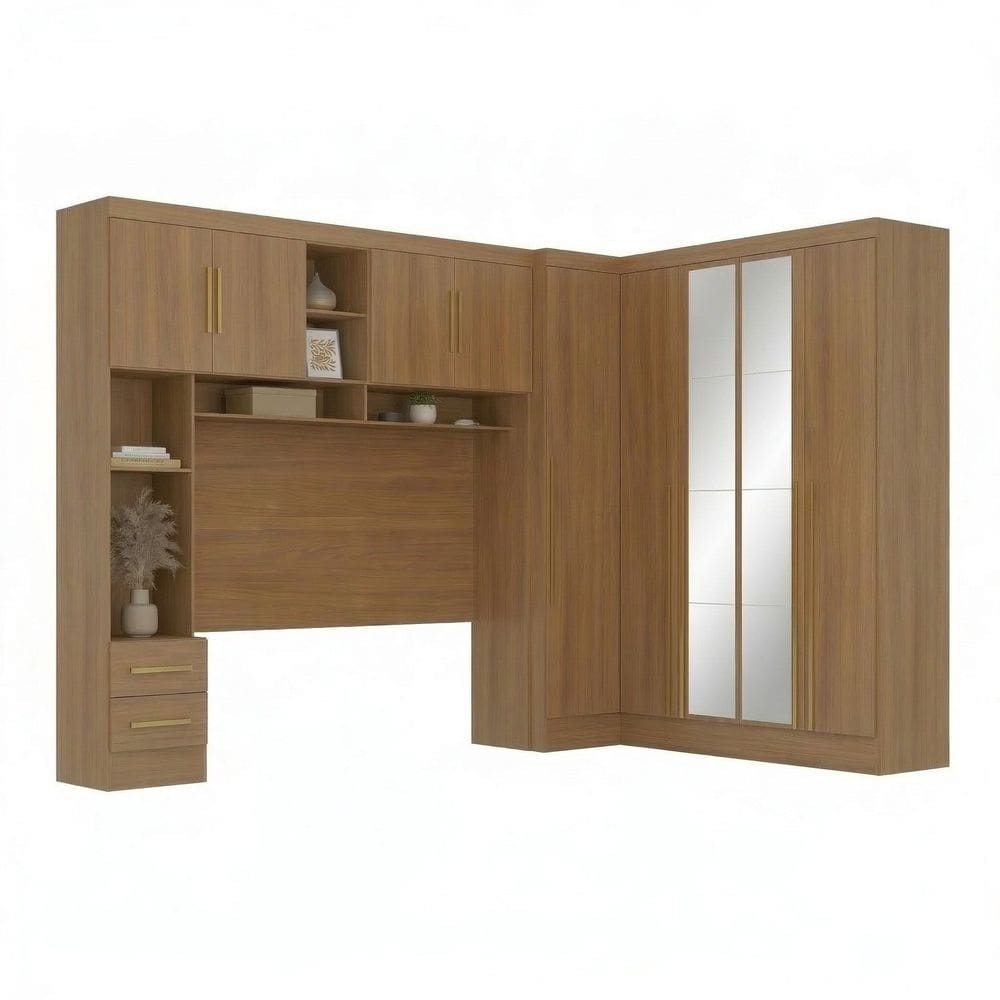 Guarda-roupa Modulado 4 Peças 9 Portas com Espelho e Cabeceira até 158cm Cinamomo