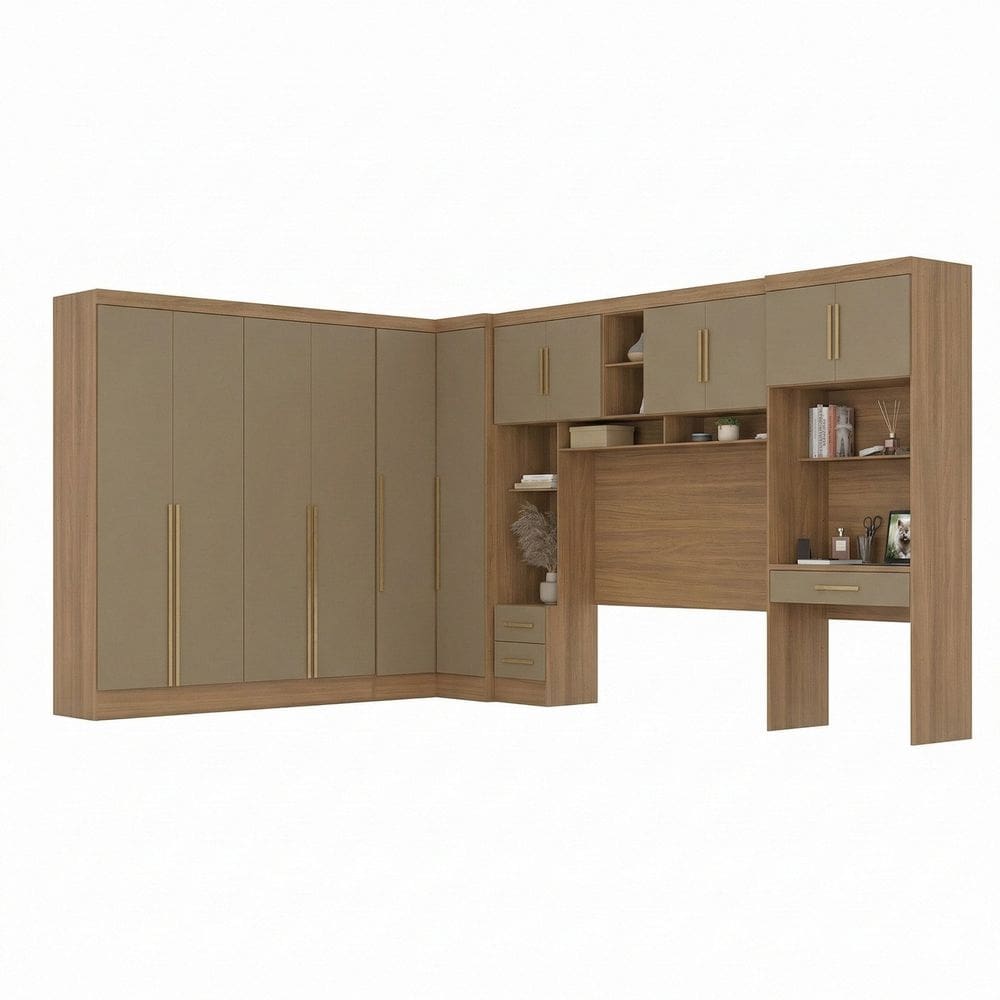 Guarda-roupa Modulado 5 Peças 12 Portas com Cabeceira até 158cm e Escrivaninha Cinamomo/Capuccino