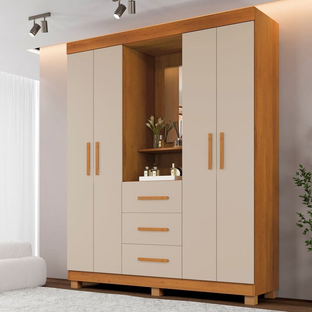 Guarda-roupa 4 Portas 3 Gavetas com Espelho Penteadeira Berlim Espresso Móveis Cinamomo/Off White