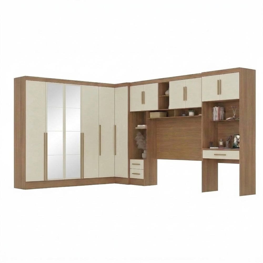 Guarda-roupa Modulado 5 Peças 12 Portas com Espelho, Cabeceira até 158cm e Escrivaninha Cinamomo/Off White