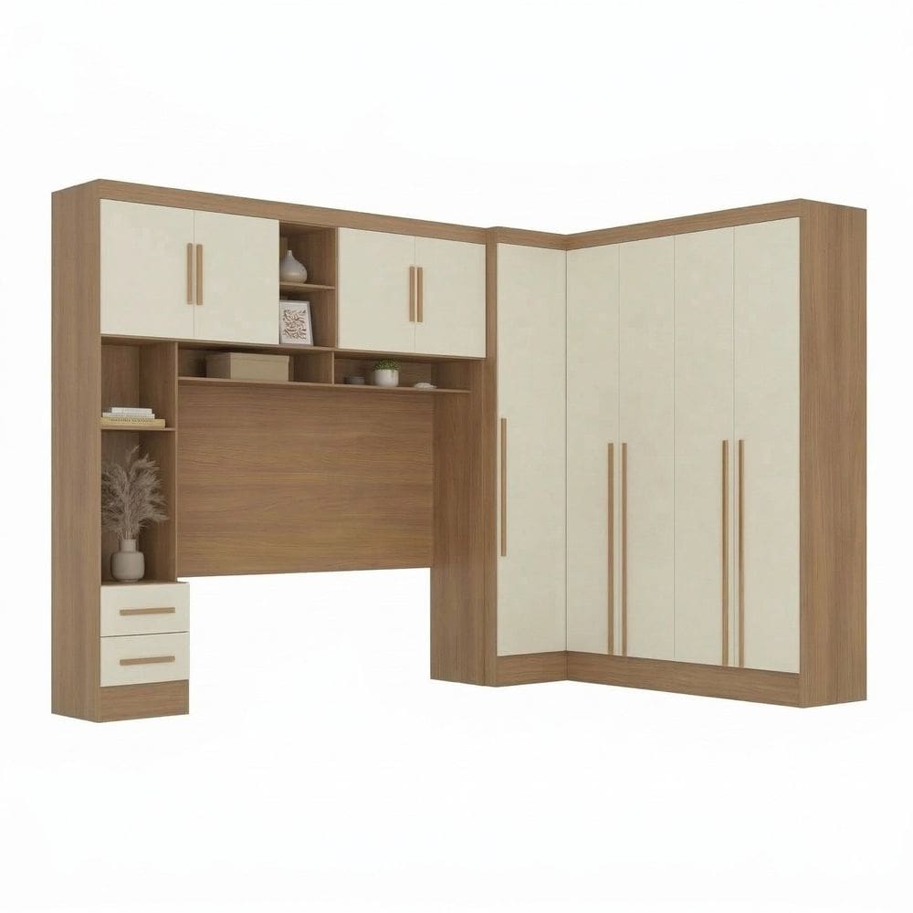 Guarda-roupa Modulado 4 Peças 9 Portas com Cabeceira até 158cm Cinamomo/Off White