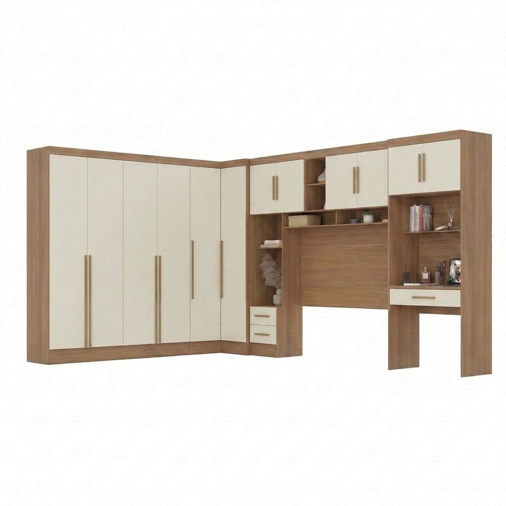 Guarda-roupa Modulado 5 Peças 12 Portas com Cabeceira até 158cm e Escrivaninha Cinamomo/Off White