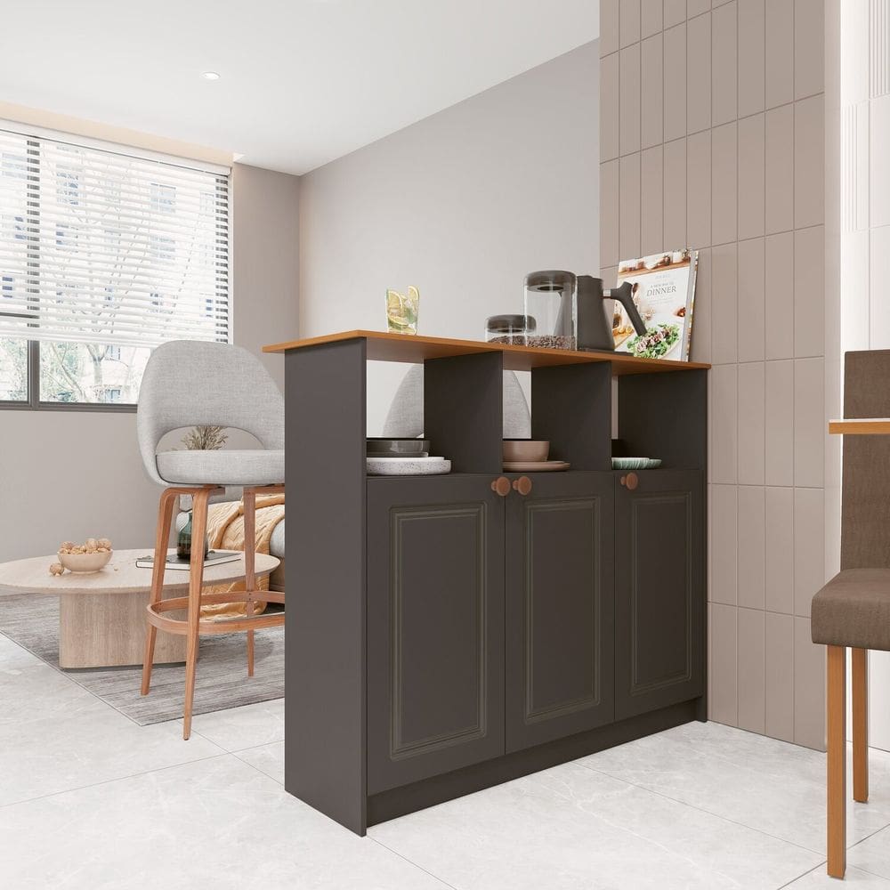 Mesa Bancada Balcão Ilha para Cozinha com 3 Portas e Nichos Cinza