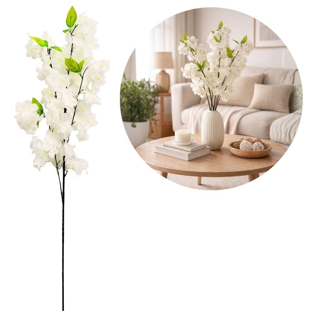 Flor de Pêssego Branca Artificial Arranjo Premium 45cm Decoração