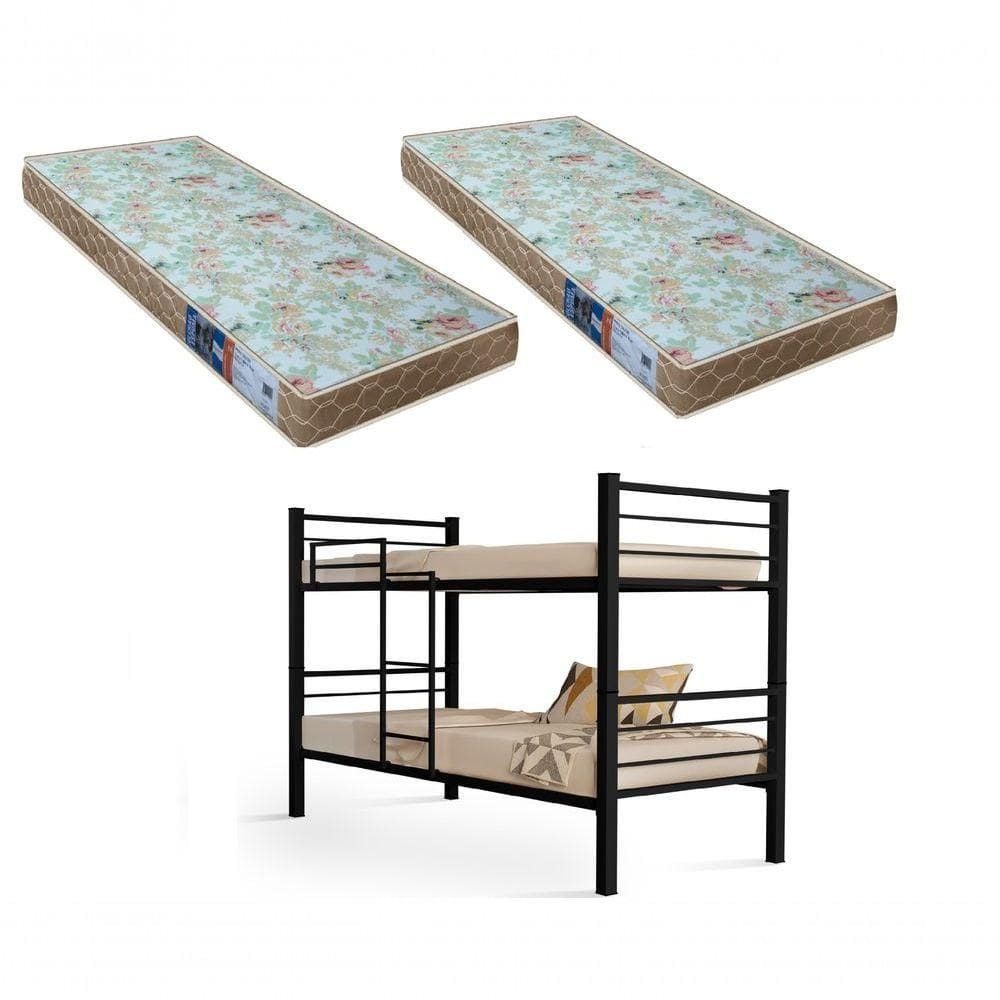 Beliche Solteiro Cristal com Grade de Proteção, Escada e 2 Colchões D23 em Aço Preto