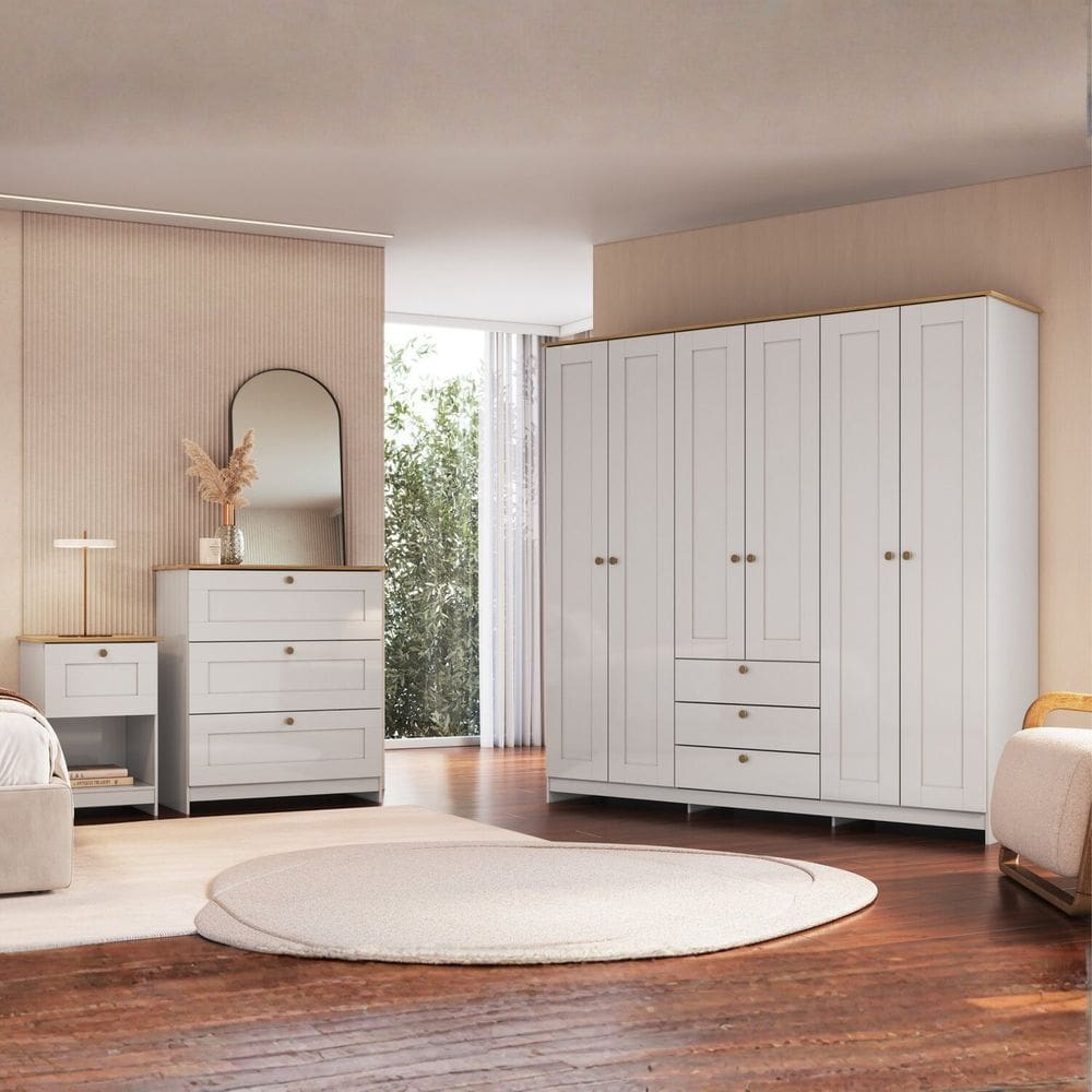 Quarto Completo Casal com Guarda-roupa 6 Portas Cômoda 3 Gavetas e Mesa de Cabeceira Americano Branco Gelo