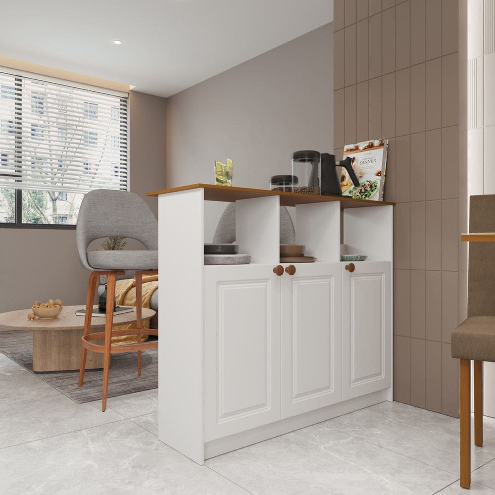 Mesa Bancada Balcão Ilha para Cozinha com 3 Portas e Nichos Branco