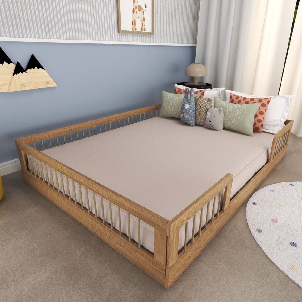 Cama Infantil Montessoriana Casal com Grades em Pinus Lume Carvalho Mel