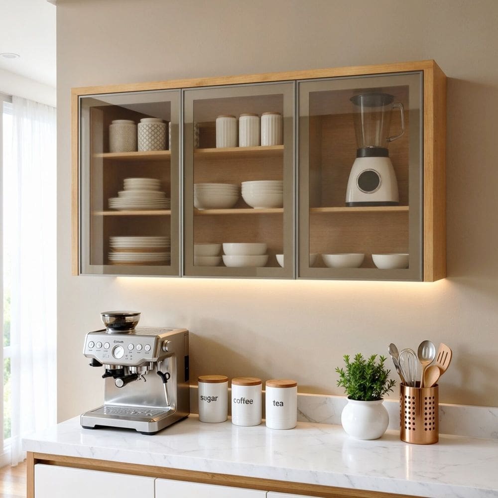 Armário Aéreo para Cozinha 3 Portas de Vidro 120cm Nobre Cinamomo/Cinza