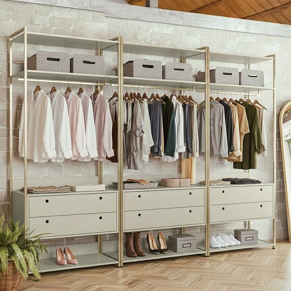Guarda-roupa Closet Modulado Casal 6 Gavetas 3 Cabideiros Estrutura Metálica 250cm Olivar Off White/Dourado