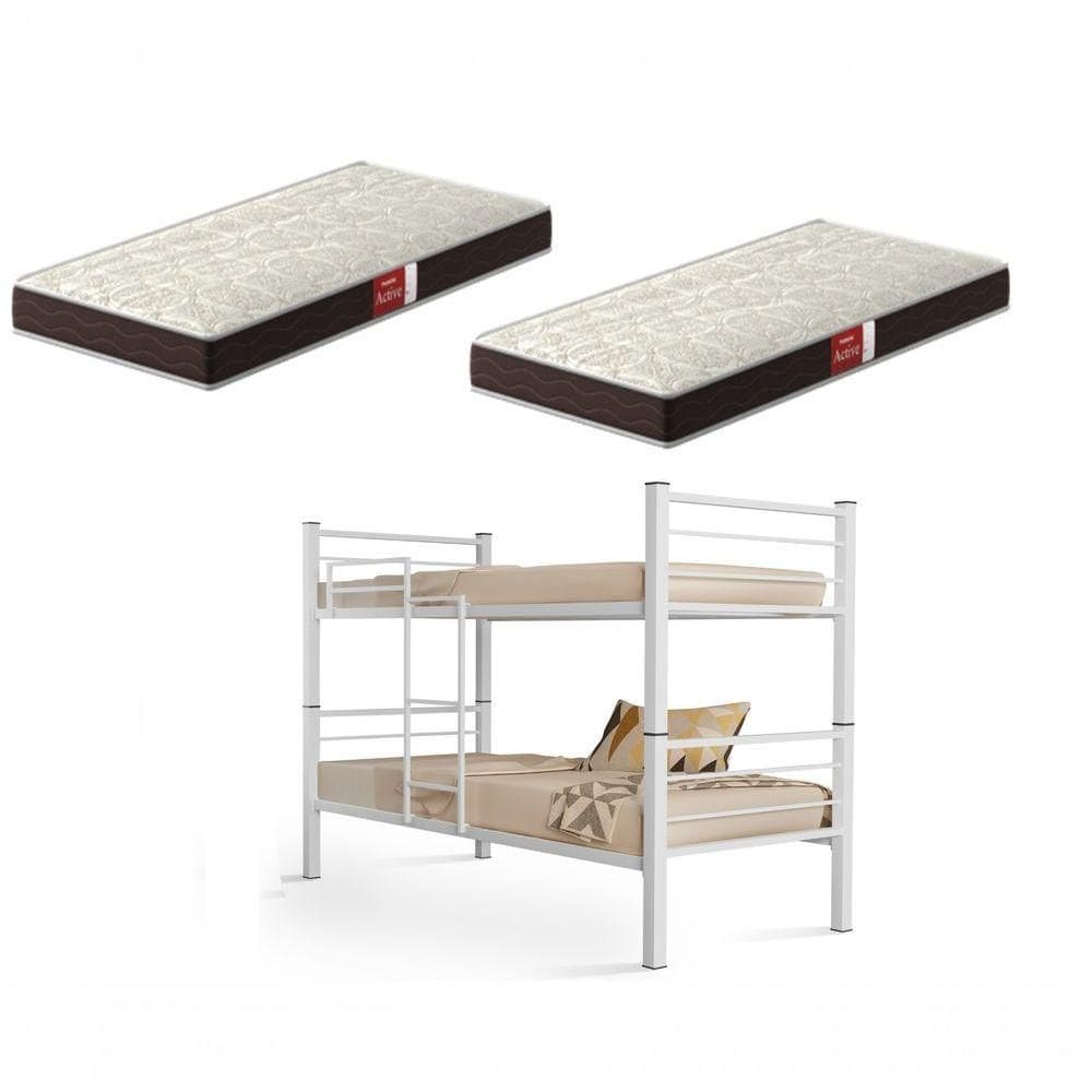 Beliche Solteiro Cristal com Grade de Proteção, Escada e 2 Colchões D23 em Aço Branco