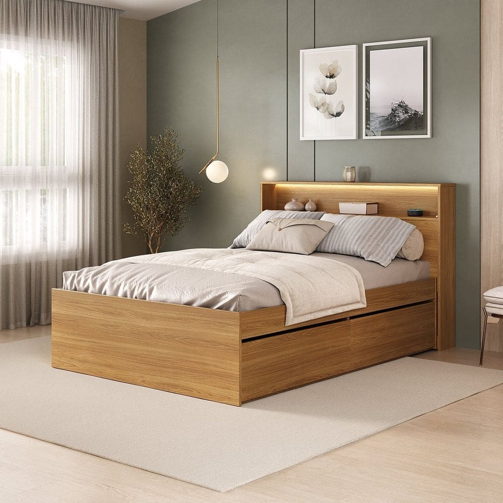 Cama de Casal Mdf 4 Gavetas e Cabeceira Nicho com Led Aurora Carvalho Hanover