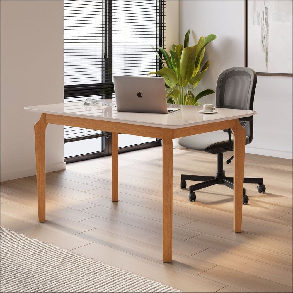 Escrivaninha Mesa Escritório 1,20 X 0,80 Pés em Madeira Maciça Tampo com Vidro Alegra Cinamomo/ Off