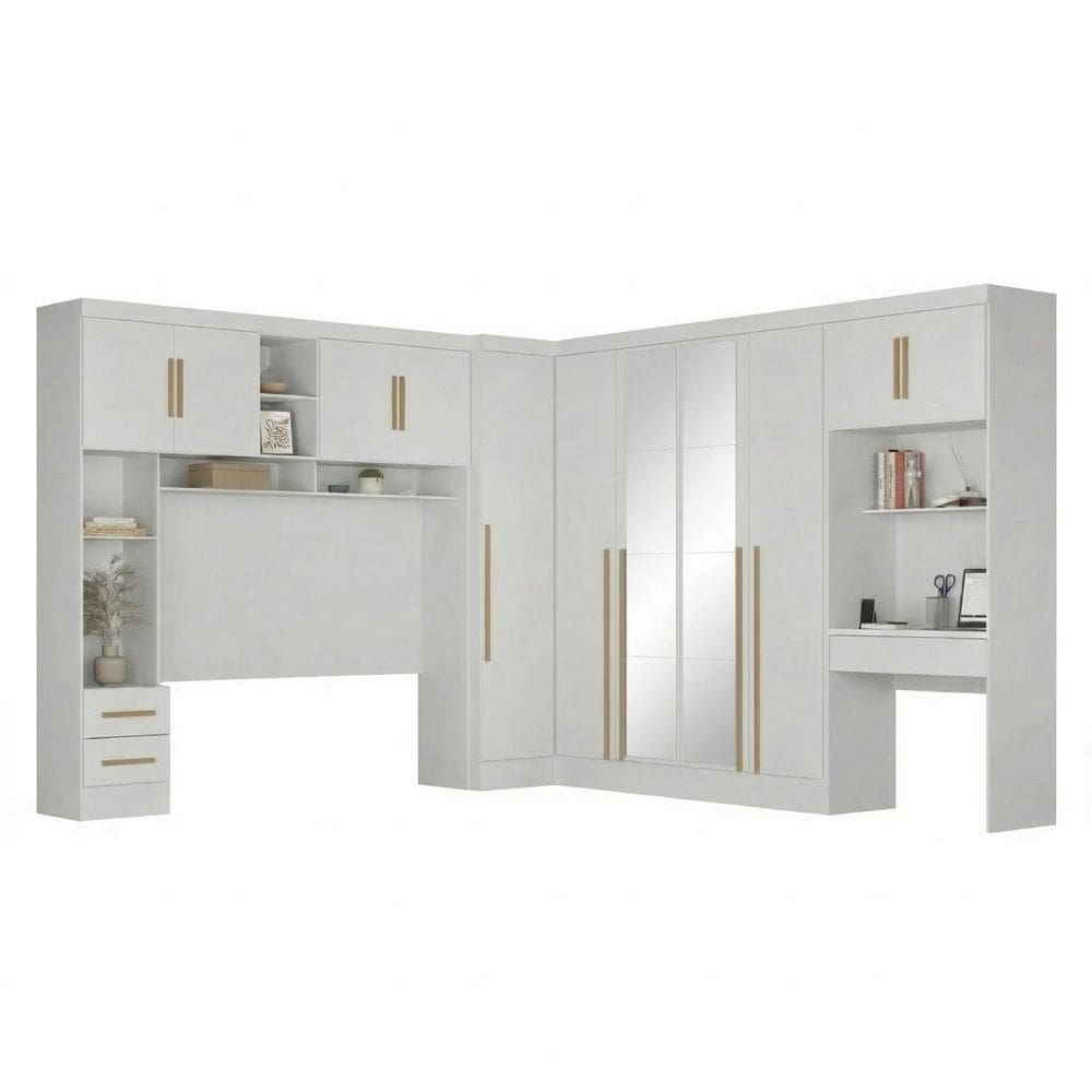 Guarda-roupa Modulado 4 Peças 11 Portas com Espelho, Cabeceira até 158cm e Escrivaninha Branco