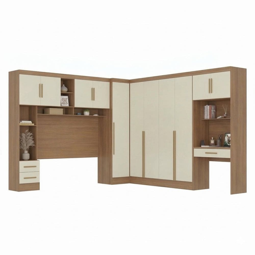 Guarda-roupa Modulado 4 Peças 11 Portas com Cabeceira até 158cm e Escrivaninha Cinamomo/Off White