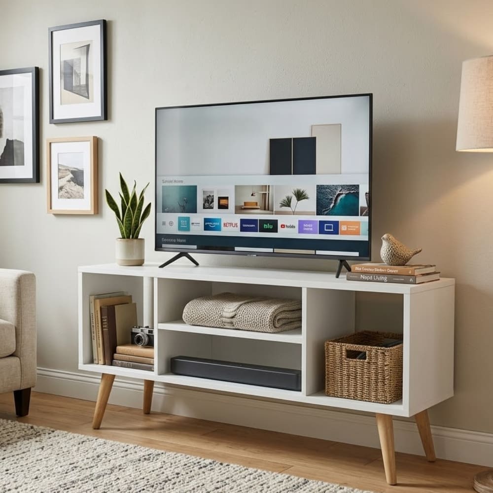 Rack Retrô Branco Para Tv Home Estante 4 Nichos Pés Madeira