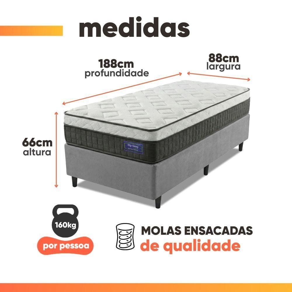 Cama Box Colchão Solteiro Molas Ensacadas Euro In Atlantic 88x188x66cm Cinza