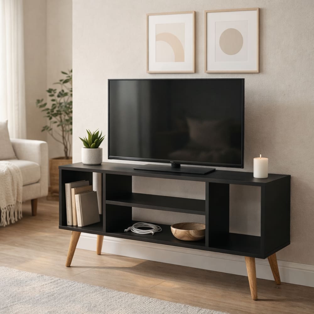 Rack Retrô Preto Para Tv Paris 4 Nichos Pés Madeira Maciça