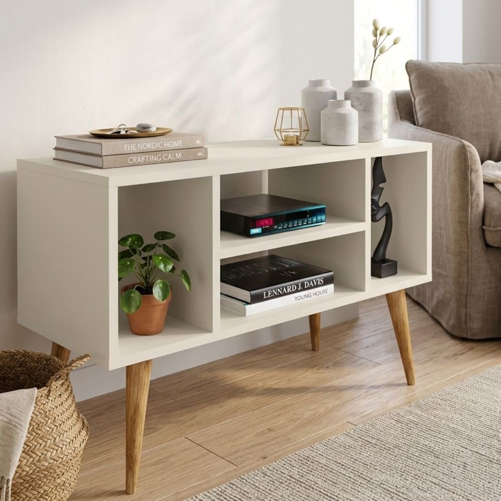 Rack Retrô Off White Para Tv Home Estante 4 Nichos Pés Madeira