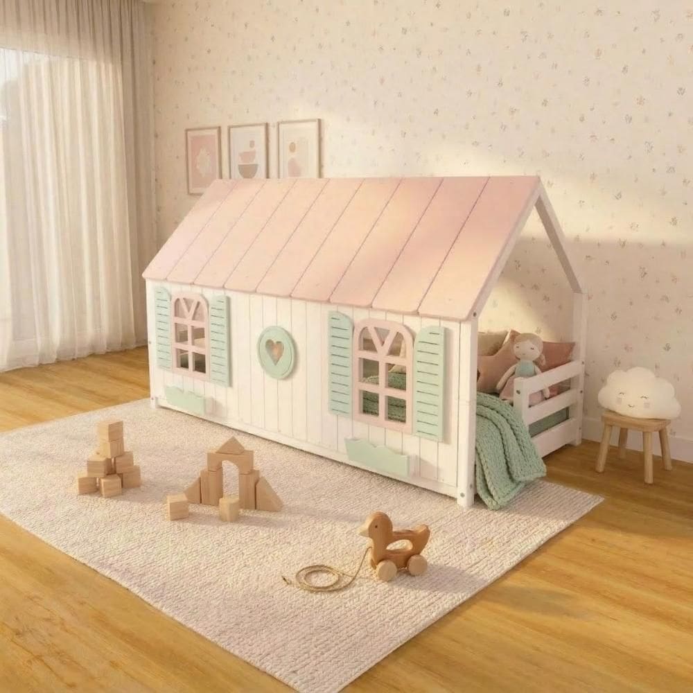 Cama Montessoriano Casinha Bela com Coração - Madeira Maciça Branco/Rosa/Verde | Housin