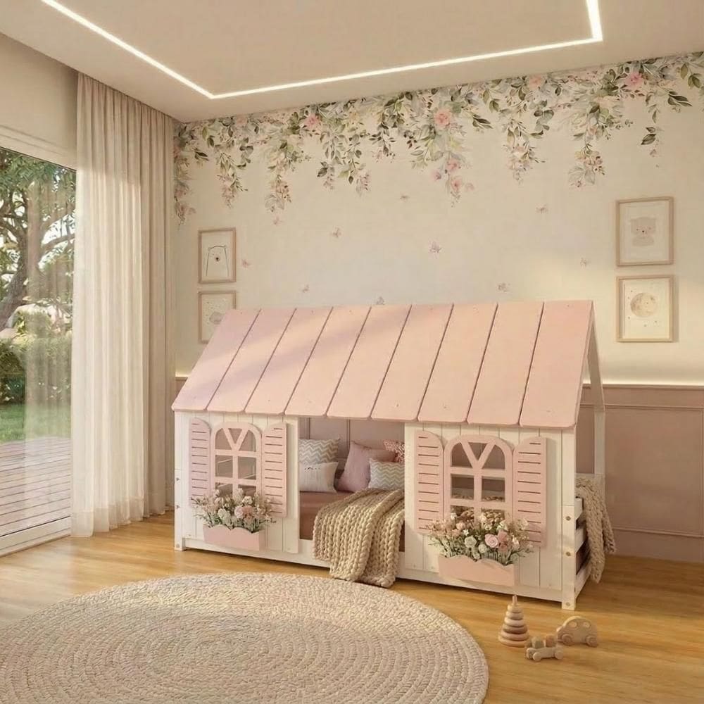 Cama Montessoriano Casinha Bela - Madeira Maciça Branco/Rosa | Housin