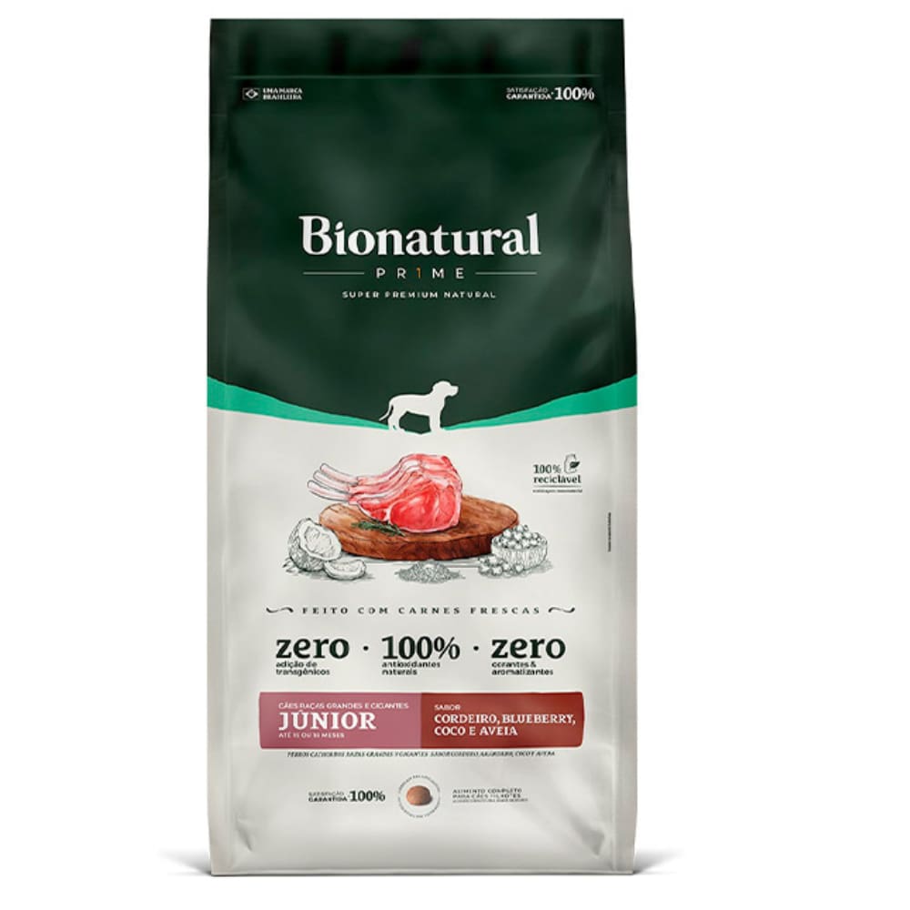 Ração Bionatural Prime para Cães Filhotes de Raças Grandes e Gigantes Sabor Cordeiro, Blueberry, Coco e Aveia 20kg