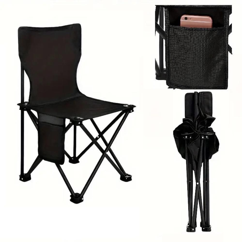 Cadeira Praia Camping Bolso Lateral 70cm Banqueta Pesca Banco Assento Dobravel Preta Bolsa Transporte