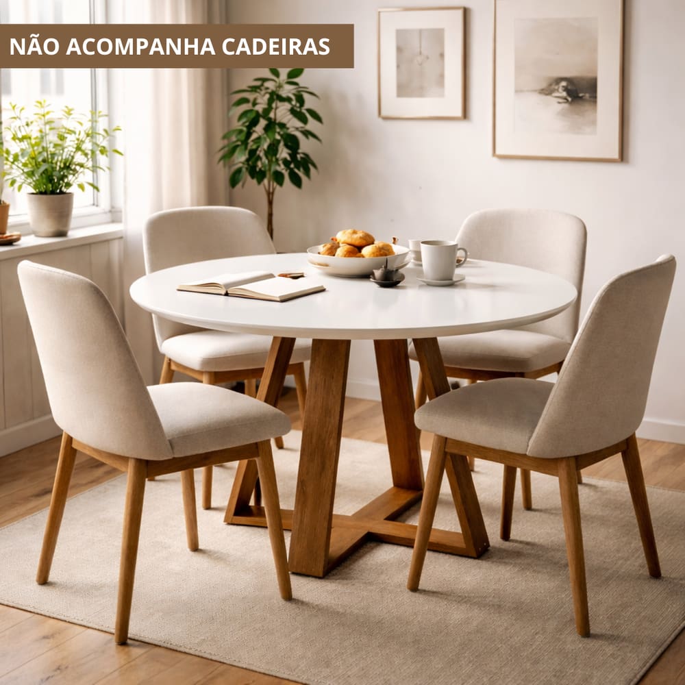 Mesa De Jantar Redonda Livia 110cm Branca Pés Em Madeira